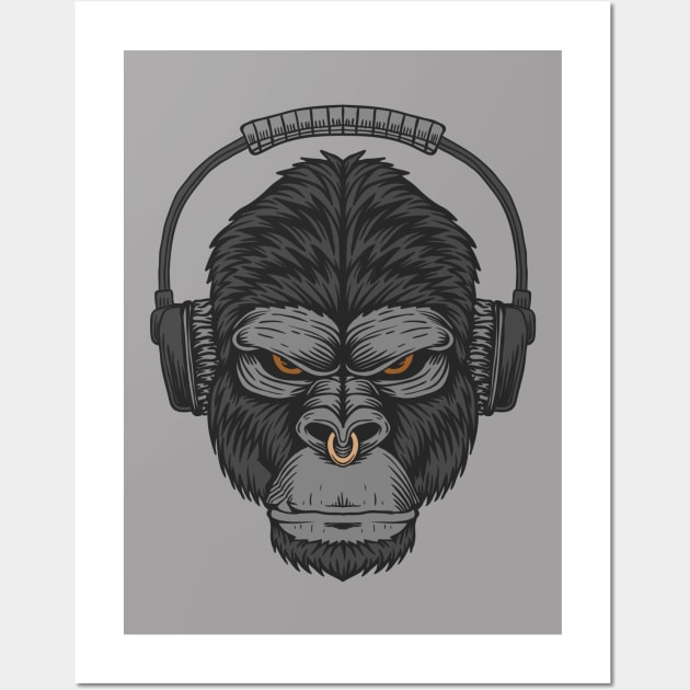 Cartoon Gorilla Head with Headphones Wall Art by SLAG_Creative